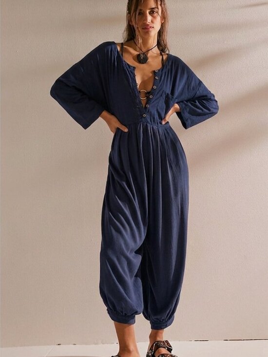 Free People Pants - Free People Women’s Calsi Jumpsuit XS Navy Slouchy Button Front